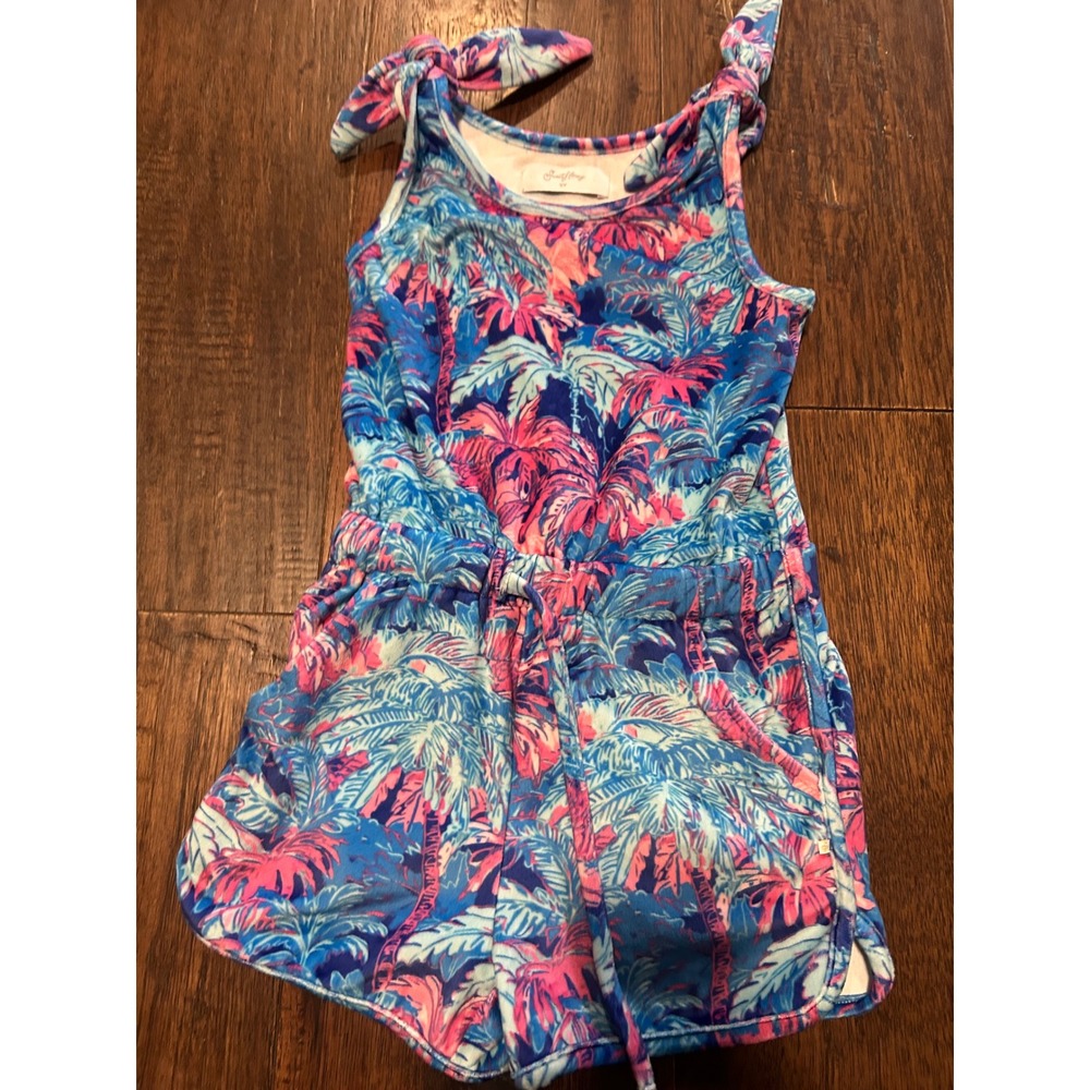SweetHoney Girls Tropical Palm Tree Tie Shoulder Romper Pink Blue Size 5Y